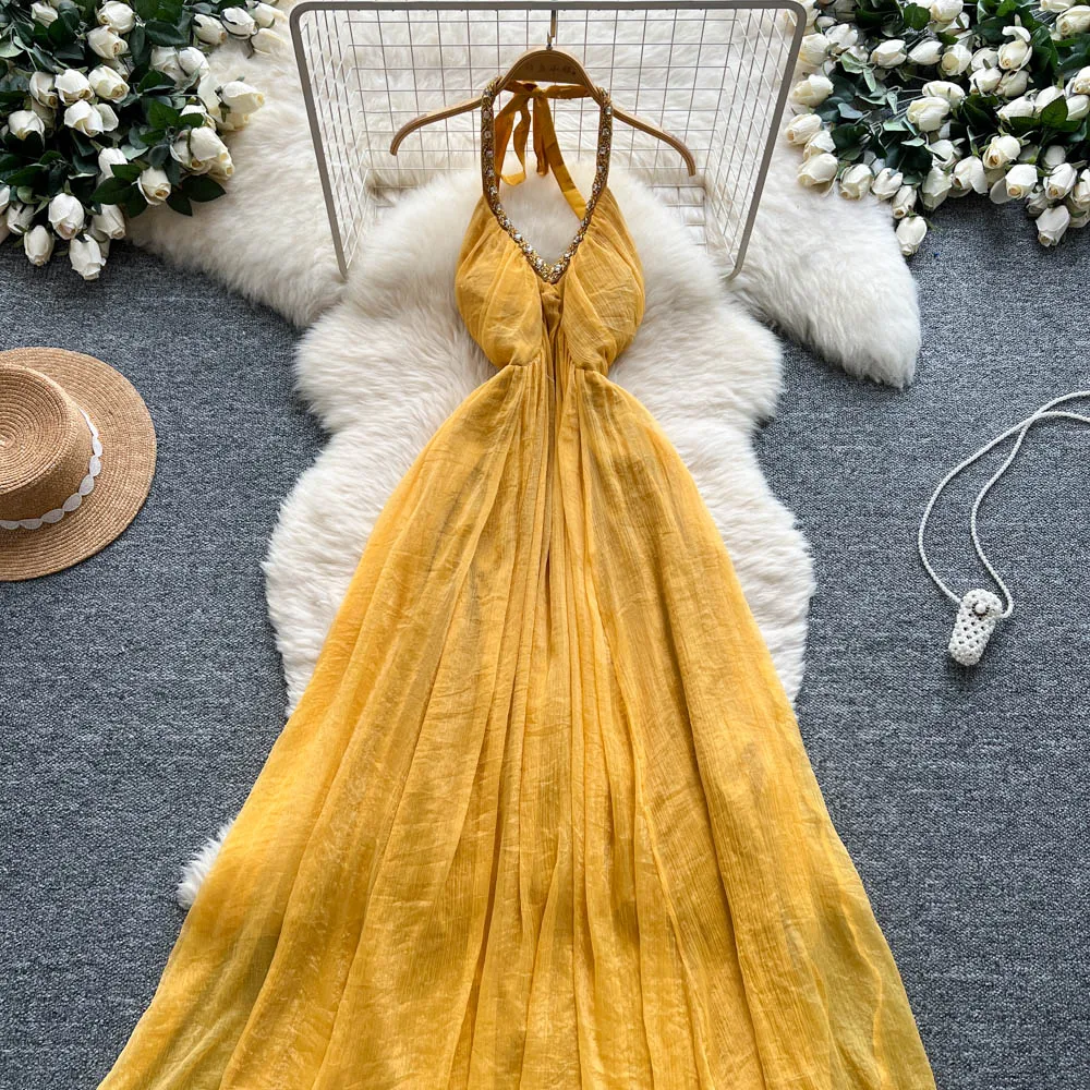 Chic vintage V-neck chiffon sleeveless dress Elegant Fairy korean fashion Boho Sundress women clothing