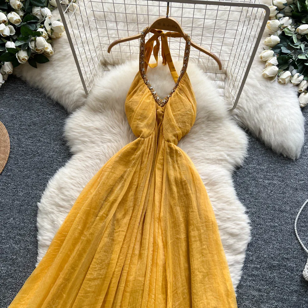 Chic vintage V-neck chiffon sleeveless dress Elegant Fairy korean fashion Boho Sundress women clothing