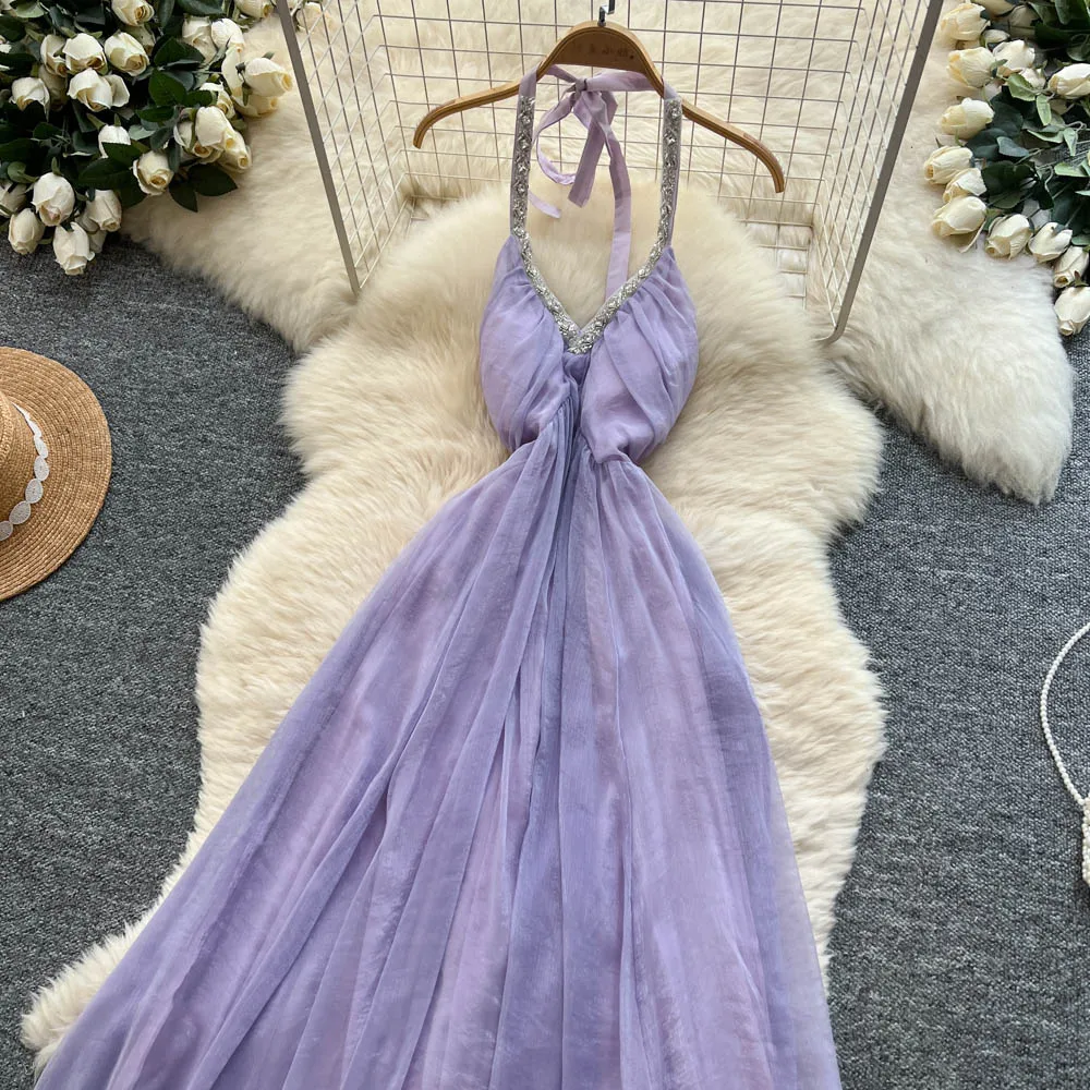 Chic vintage V-neck chiffon sleeveless dress Elegant Fairy korean fashion Boho Sundress women clothing