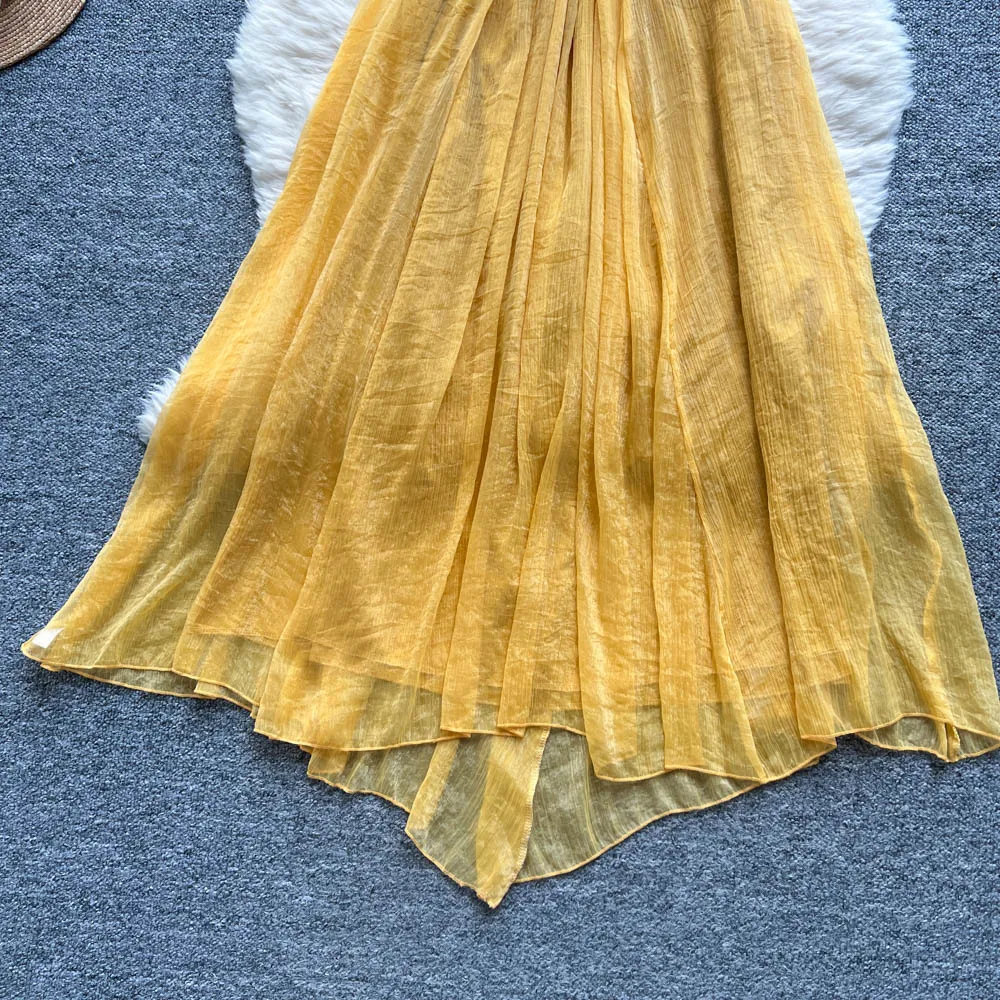 Chic vintage V-neck chiffon sleeveless dress Elegant Fairy korean fashion Boho Sundress women clothing