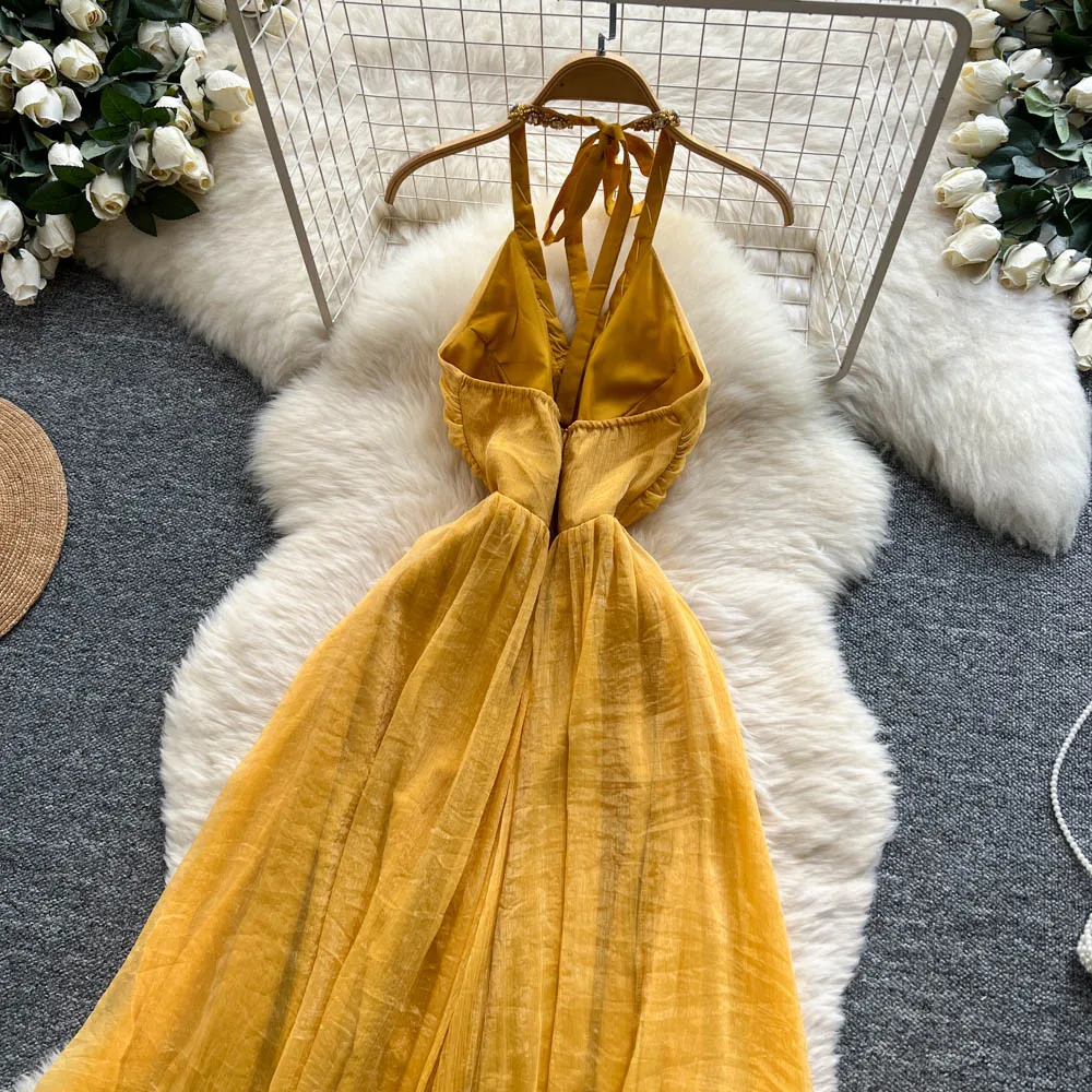 Chic vintage V-neck chiffon sleeveless dress Elegant Fairy korean fashion Boho Sundress women clothing