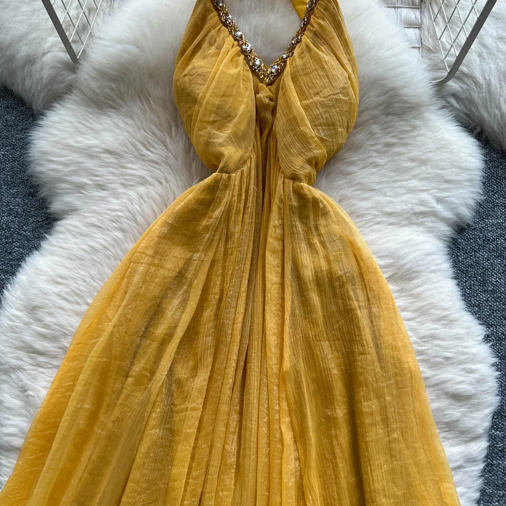 Chic vintage V-neck chiffon sleeveless dress Elegant Fairy korean fashion Boho Sundress women clothing