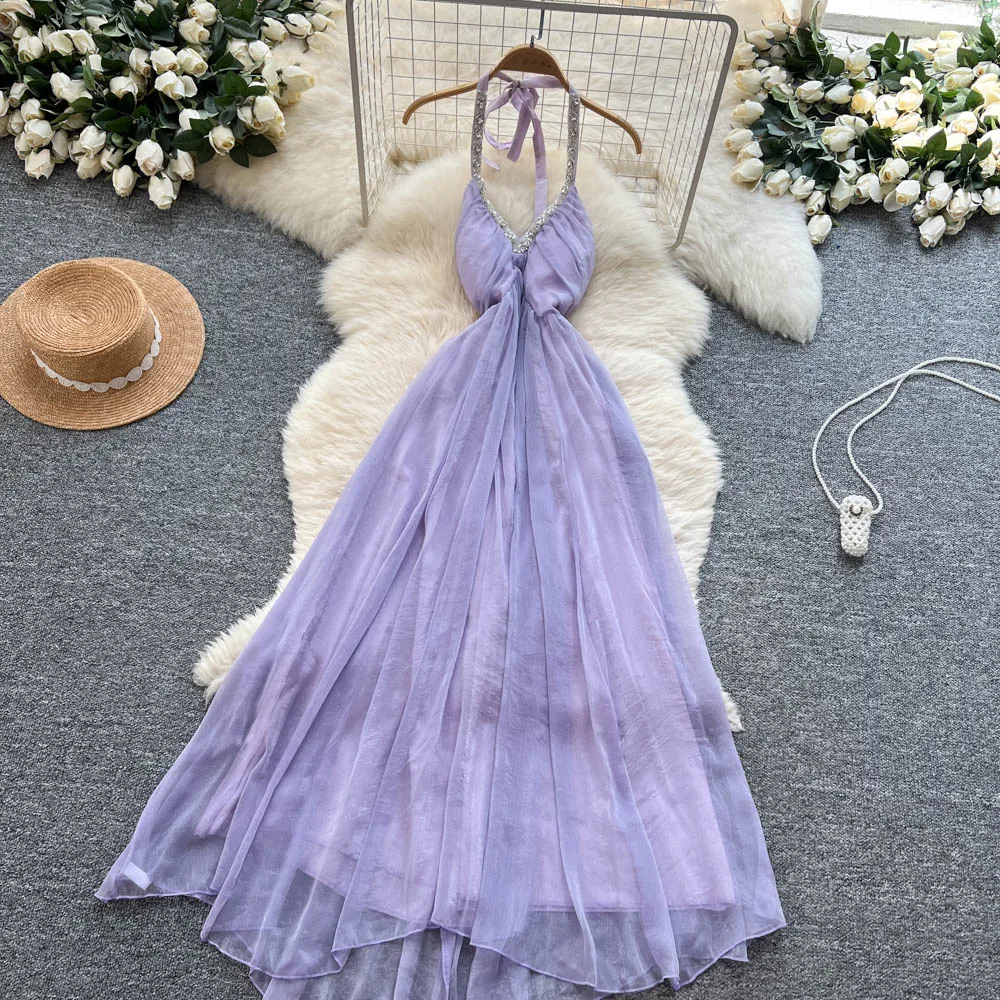 Chic vintage V-neck chiffon sleeveless dress Elegant Fairy korean fashion Boho Sundress women clothing