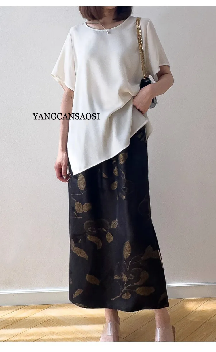 2025 Women's Casual Summer New Relaxation Style 26MM 93% Natural Mulberry Silk Elastic Wrinkled Round Neck Short Sleeve T-shirt