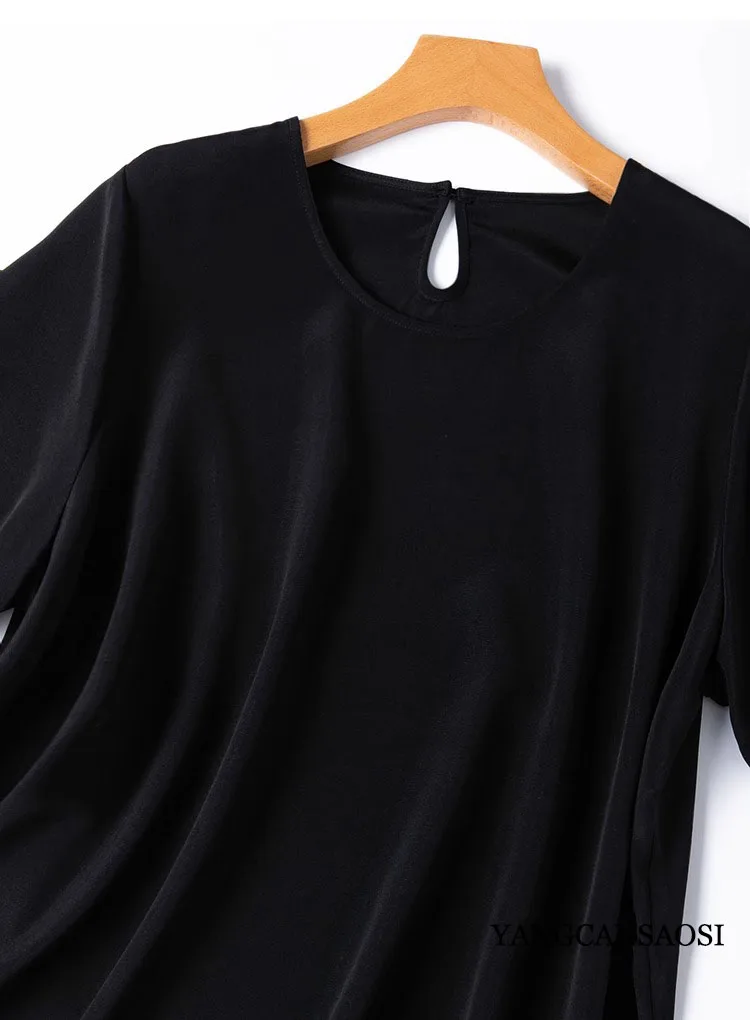 2025 Women's Casual Summer New Relaxation Style 26MM 93% Natural Mulberry Silk Elastic Wrinkled Round Neck Short Sleeve T-shirt