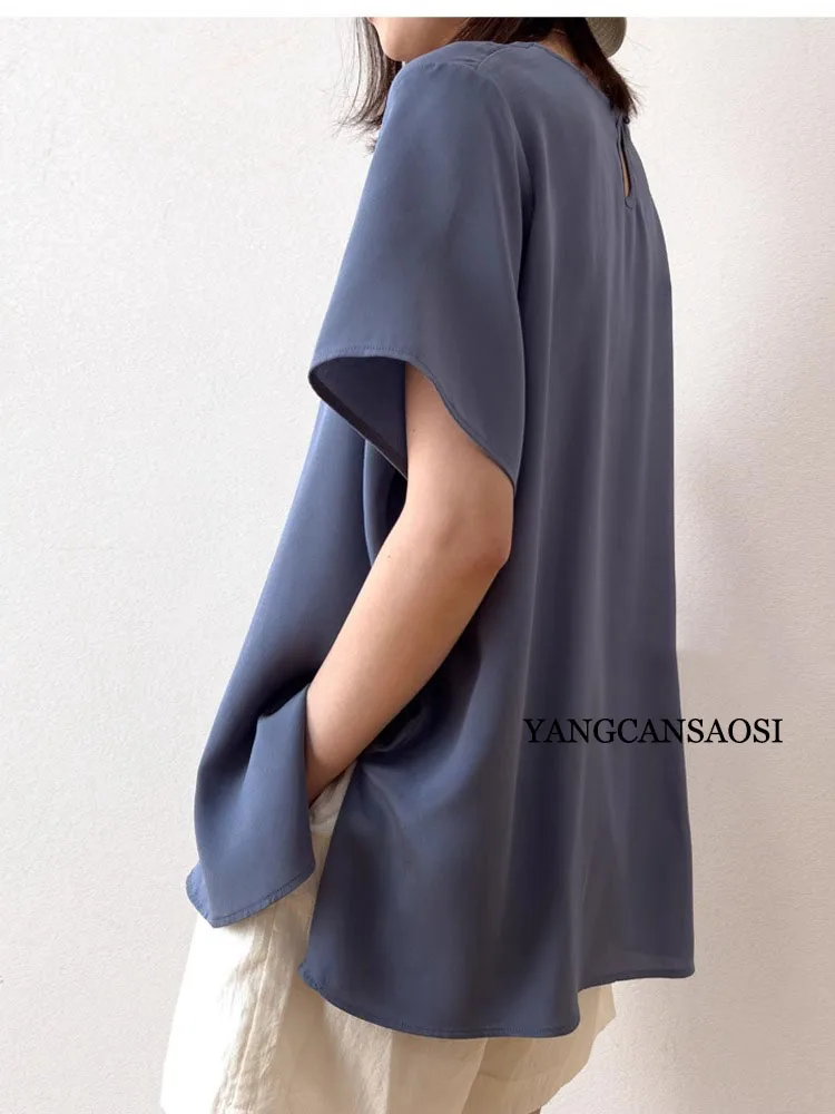 2025 Women's Casual Summer New Relaxation Style 26MM 93% Natural Mulberry Silk Elastic Wrinkled Round Neck Short Sleeve T-shirt