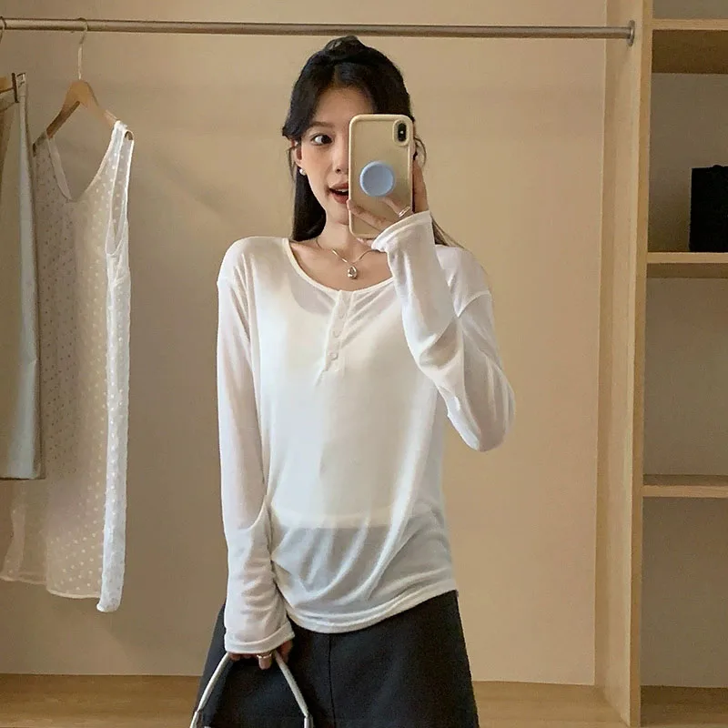 Women's Long Sleeve Sun-Proof T-Shirts Summer Cozy Loose All-Match Basic Tee Shirts Ladies Korean Style Solid Color O-Neck Tops