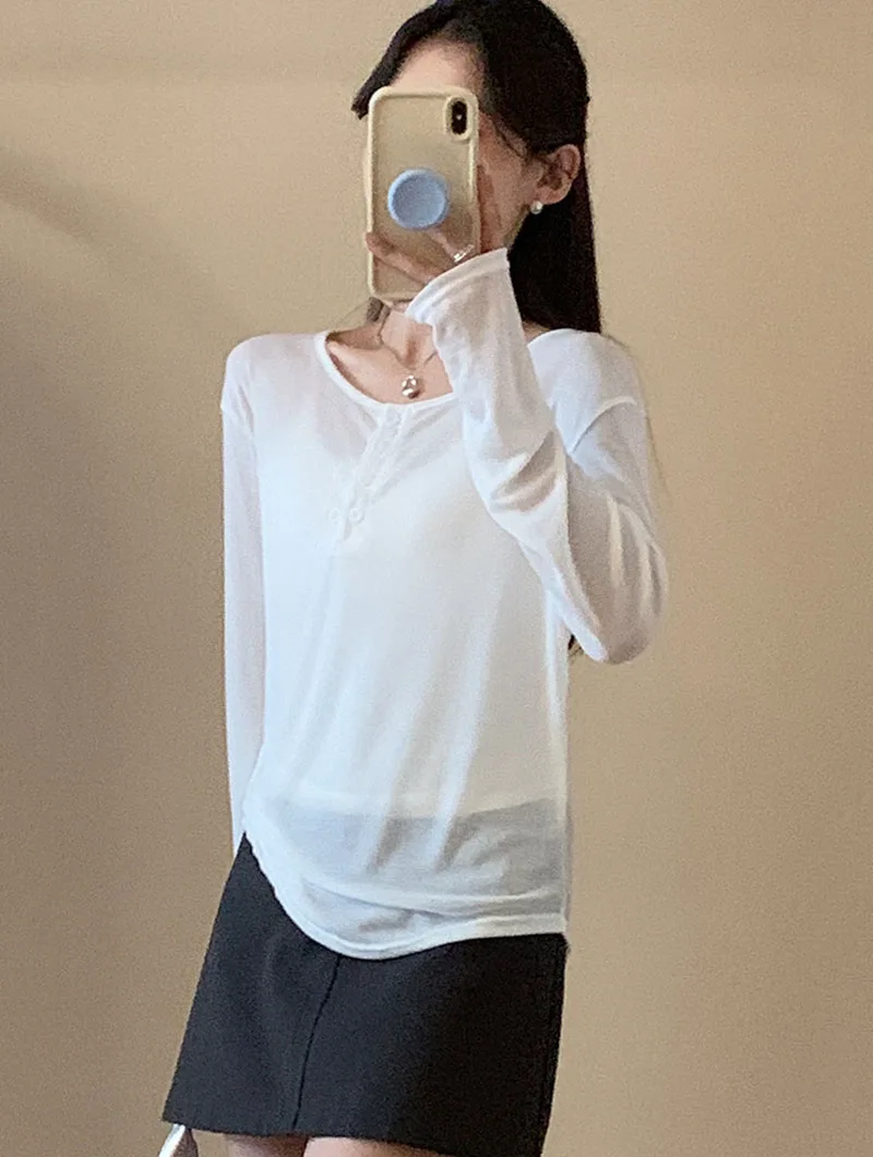 Women's Long Sleeve Sun-Proof T-Shirts Summer Cozy Loose All-Match Basic Tee Shirts Ladies Korean Style Solid Color O-Neck Tops