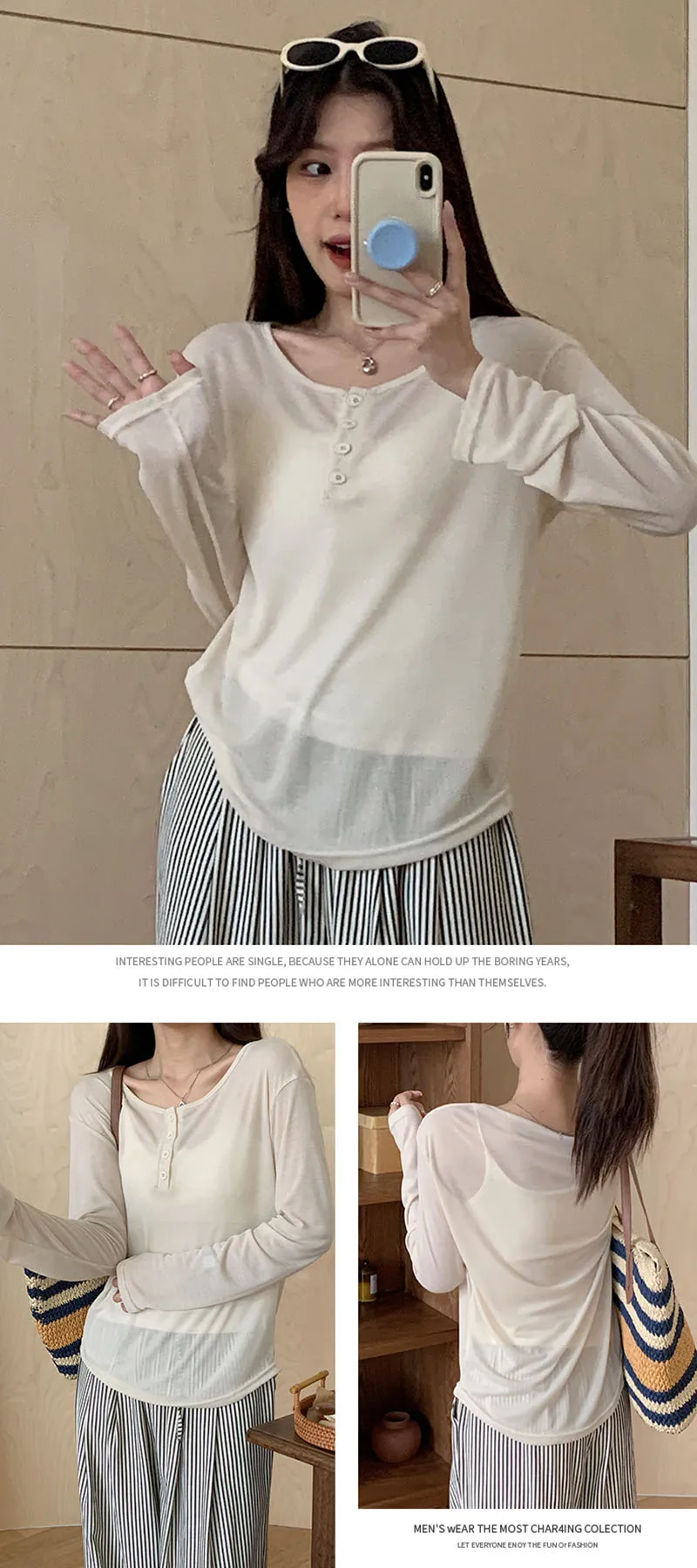 Women's Long Sleeve Sun-Proof T-Shirts Summer Cozy Loose All-Match Basic Tee Shirts Ladies Korean Style Solid Color O-Neck Tops