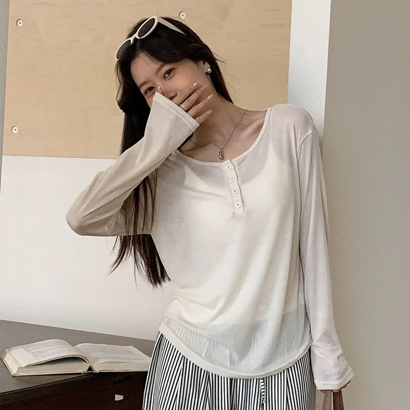 Women's Long Sleeve Sun-Proof T-Shirts Summer Cozy Loose All-Match Basic Tee Shirts Ladies Korean Style Solid Color O-Neck Tops