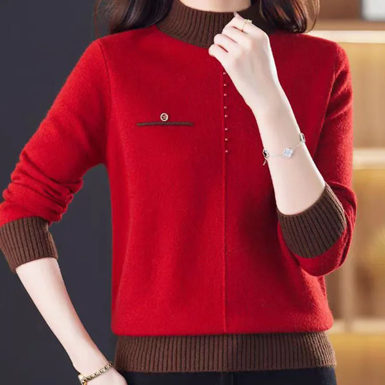 Top Female Clothing Vintage Women's Sweater Fashion Elegent Half High Neck Pullover Women Autumn Long Sleeve Knitwear