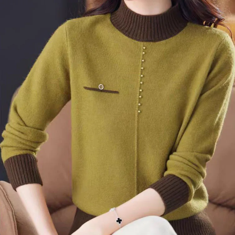 Top Female Clothing Vintage Women's Sweater Fashion Elegent Half High Neck Pullover Women Autumn Long Sleeve Knitwear