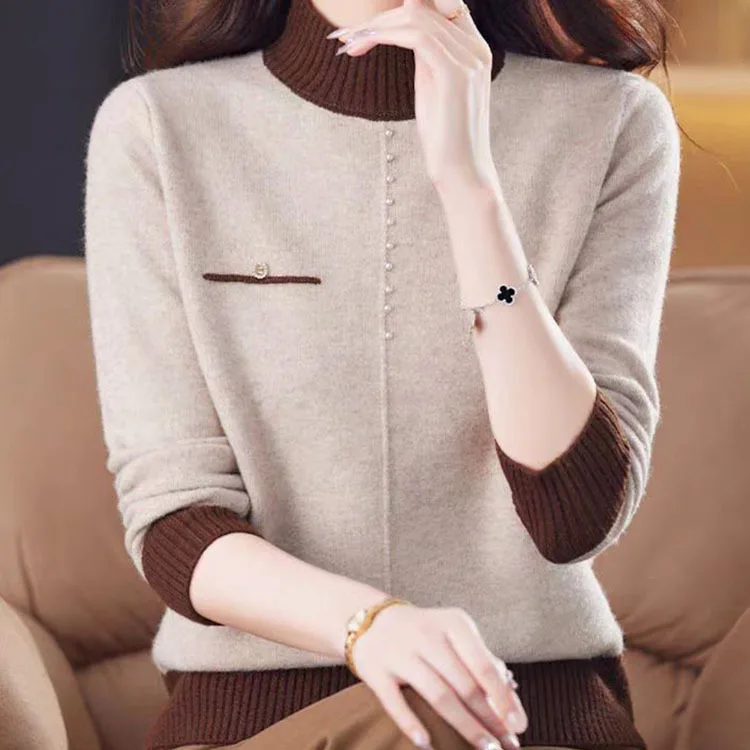 Top Female Clothing Vintage Women's Sweater Fashion Elegent Half High Neck Pullover Women Autumn Long Sleeve Knitwear