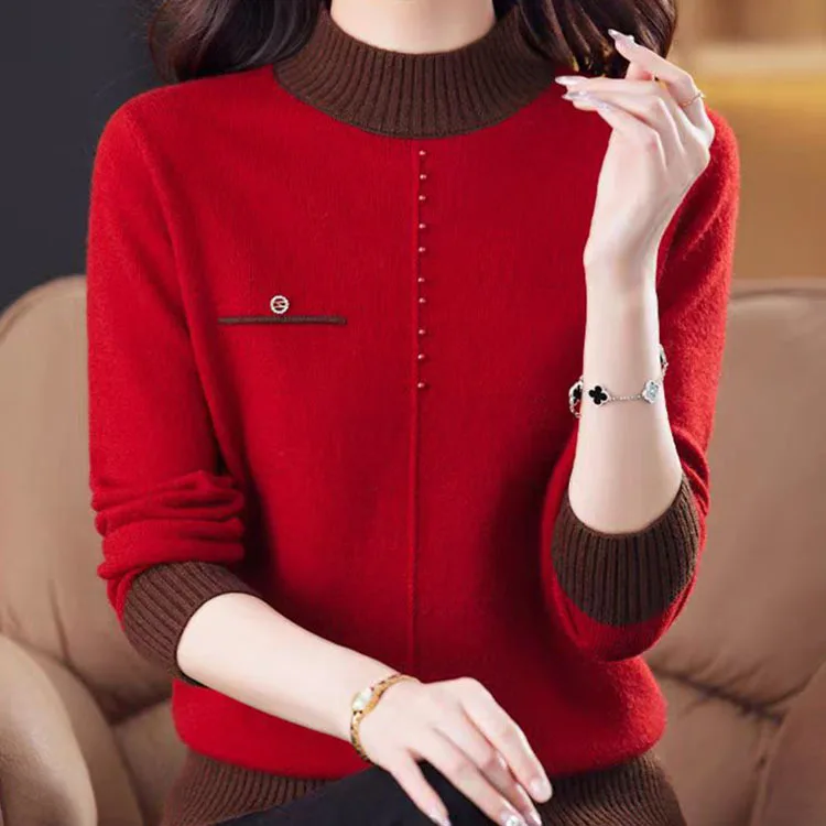 Top Female Clothing Vintage Women's Sweater Fashion Elegent Half High Neck Pullover Women Autumn Long Sleeve Knitwear