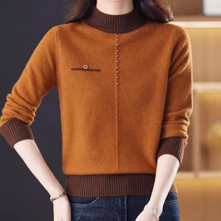 Top Female Clothing Vintage Women's Sweater Fashion Elegent Half High Neck Pullover Women Autumn Long Sleeve Knitwear