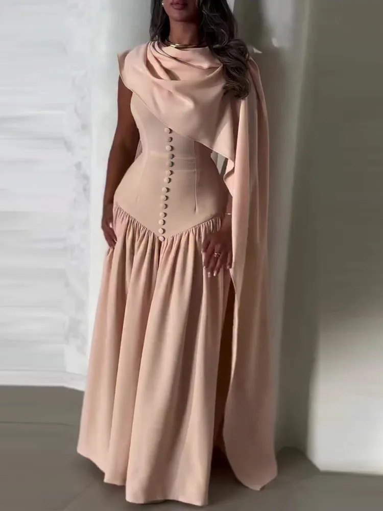 Temperament Solid Color Dress Fashion A-line O-Neck Long Dresses Luxury Nipped Waist Sleeveless Shawl Collar Banquet Dress