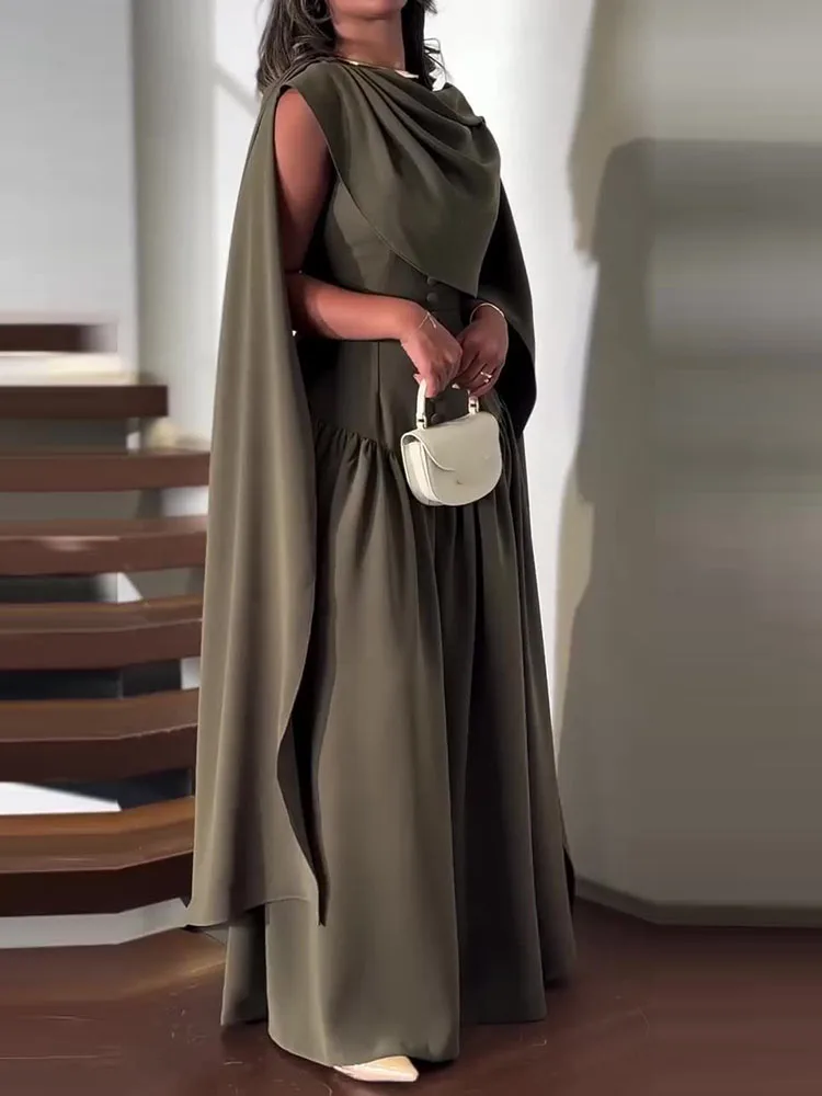 Temperament Solid Color Dress Fashion A-line O-Neck Long Dresses Luxury Nipped Waist Sleeveless Shawl Collar Banquet Dress