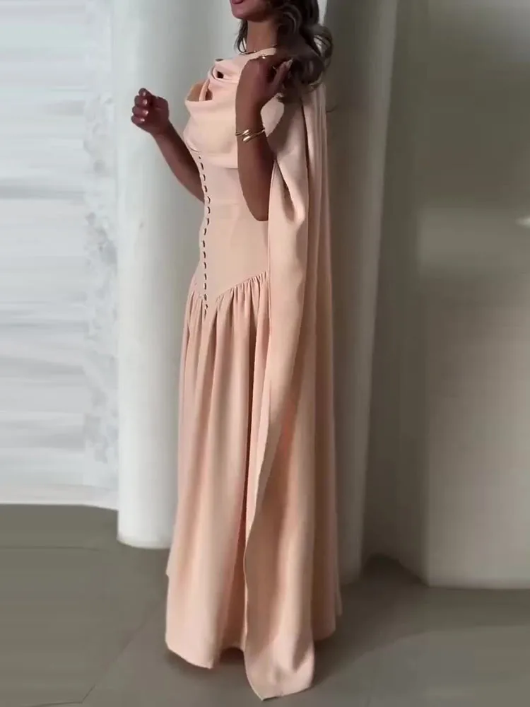 Temperament Solid Color Dress Fashion A-line O-Neck Long Dresses Luxury Nipped Waist Sleeveless Shawl Collar Banquet Dress
