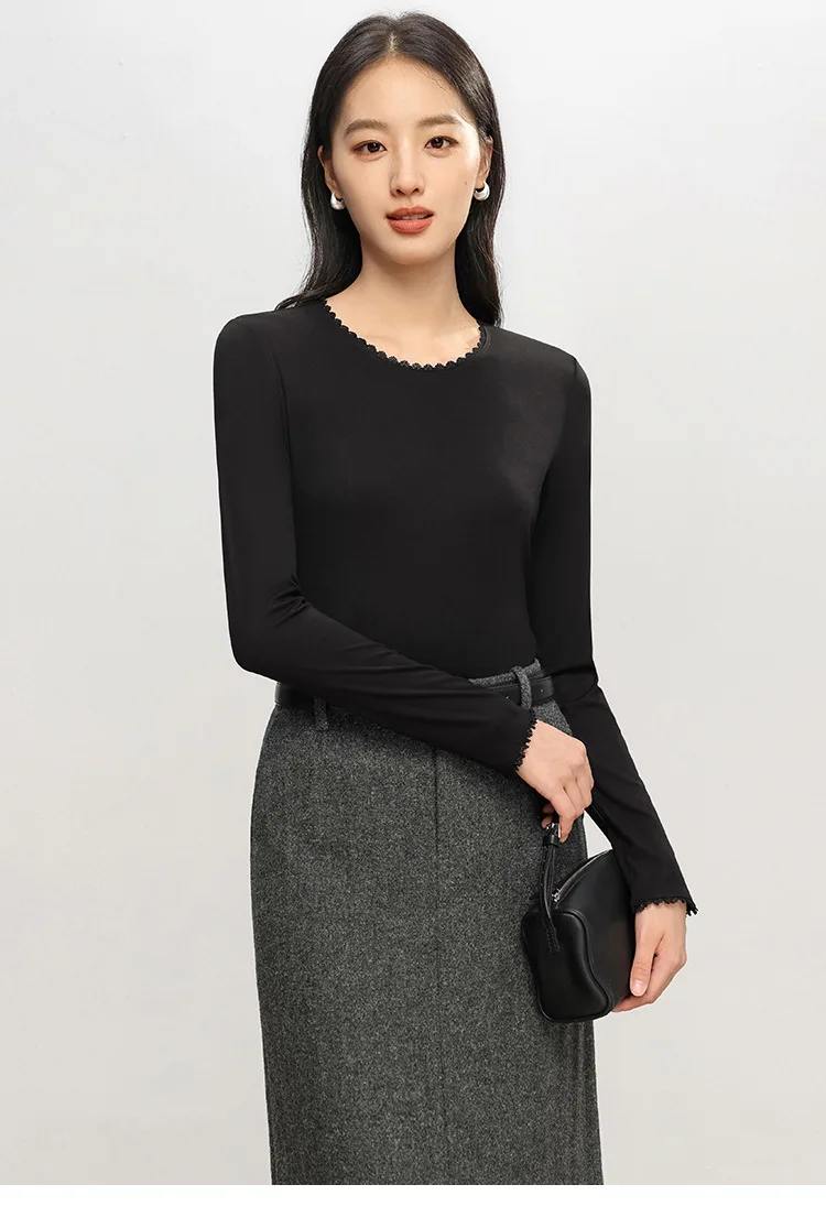 Autumn Women Lace T-Shirt,Round Neck 6% Silk Long Sleeve Soft Slim Fit Basic Bottoming Tops