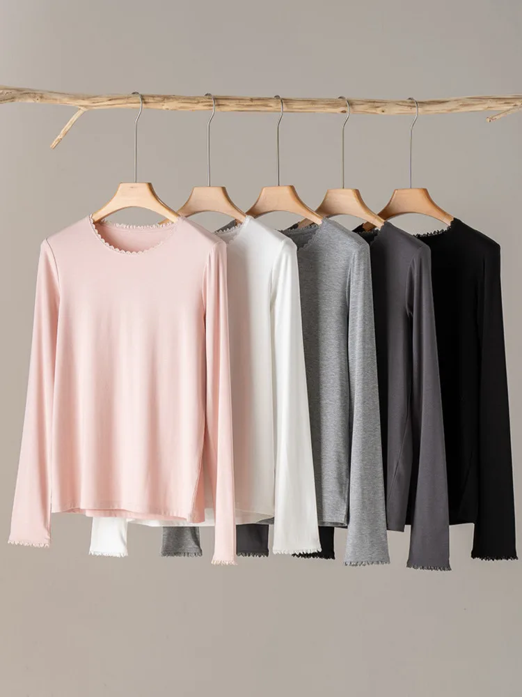Autumn Women Lace T-Shirt,Round Neck 6% Silk Long Sleeve Soft Slim Fit Basic Bottoming Tops