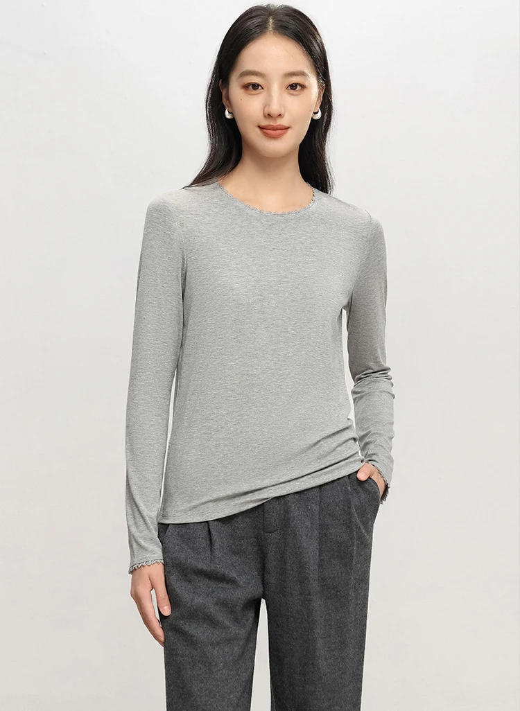 Autumn Women Lace T-Shirt,Round Neck 6% Silk Long Sleeve Soft Slim Fit Basic Bottoming Tops