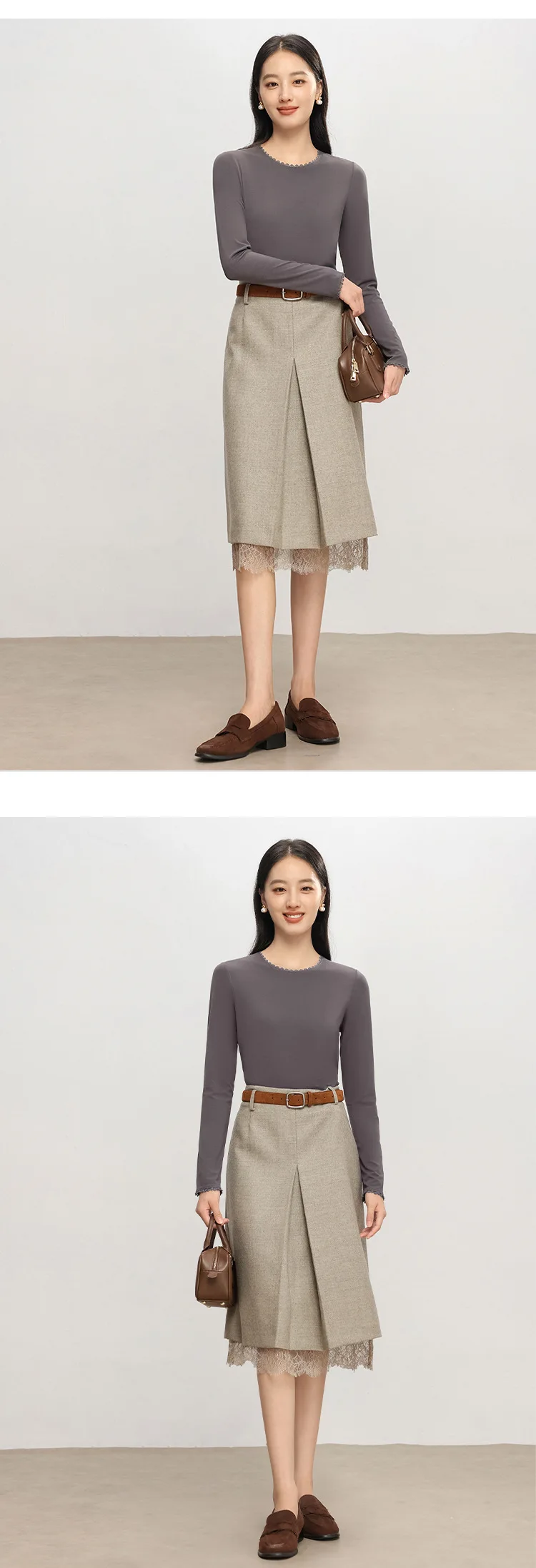 Autumn Women Lace T-Shirt,Round Neck 6% Silk Long Sleeve Soft Slim Fit Basic Bottoming Tops