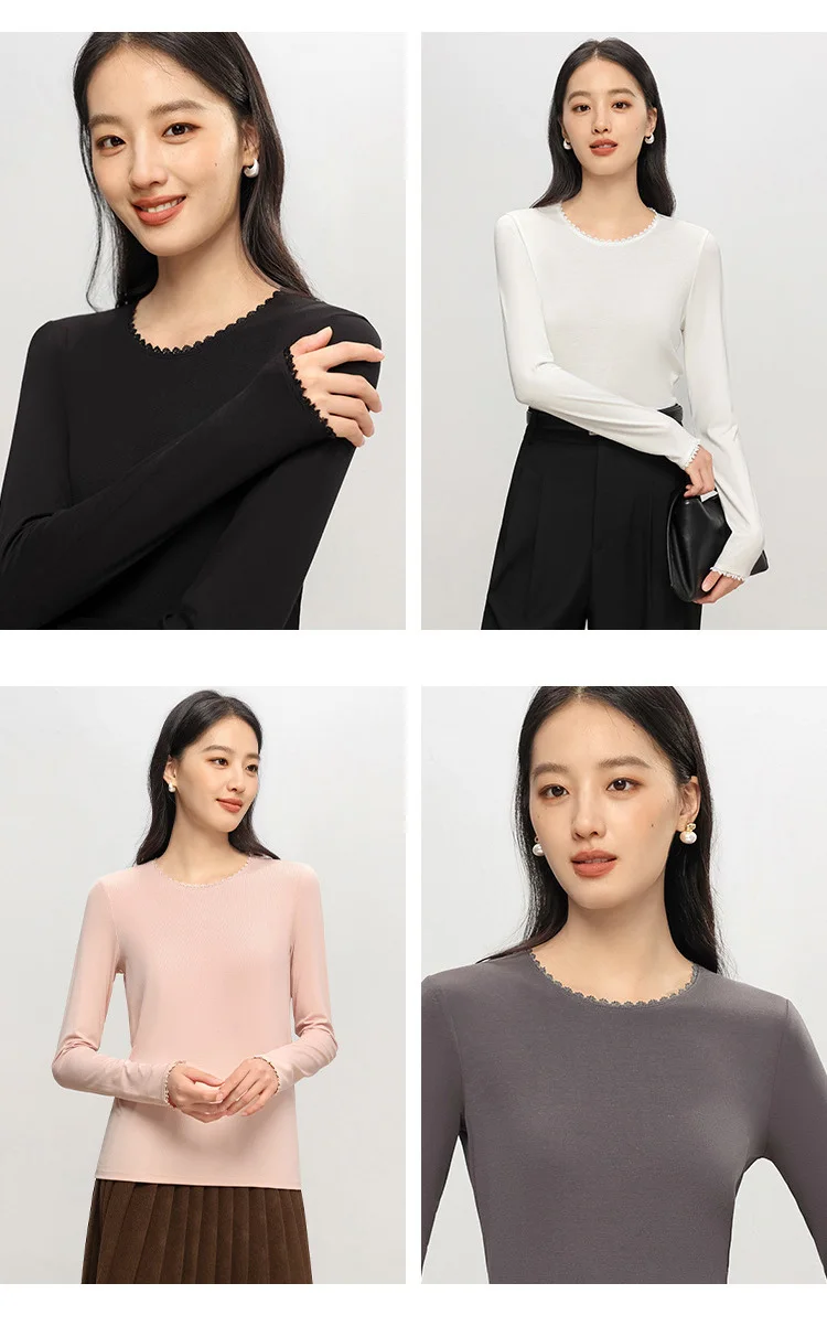 Autumn Women Lace T-Shirt,Round Neck 6% Silk Long Sleeve Soft Slim Fit Basic Bottoming Tops