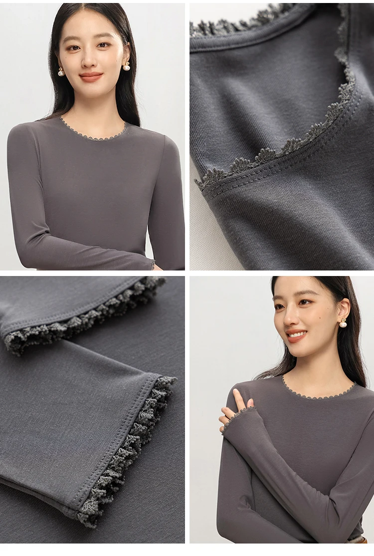 Autumn Women Lace T-Shirt,Round Neck 6% Silk Long Sleeve Soft Slim Fit Basic Bottoming Tops