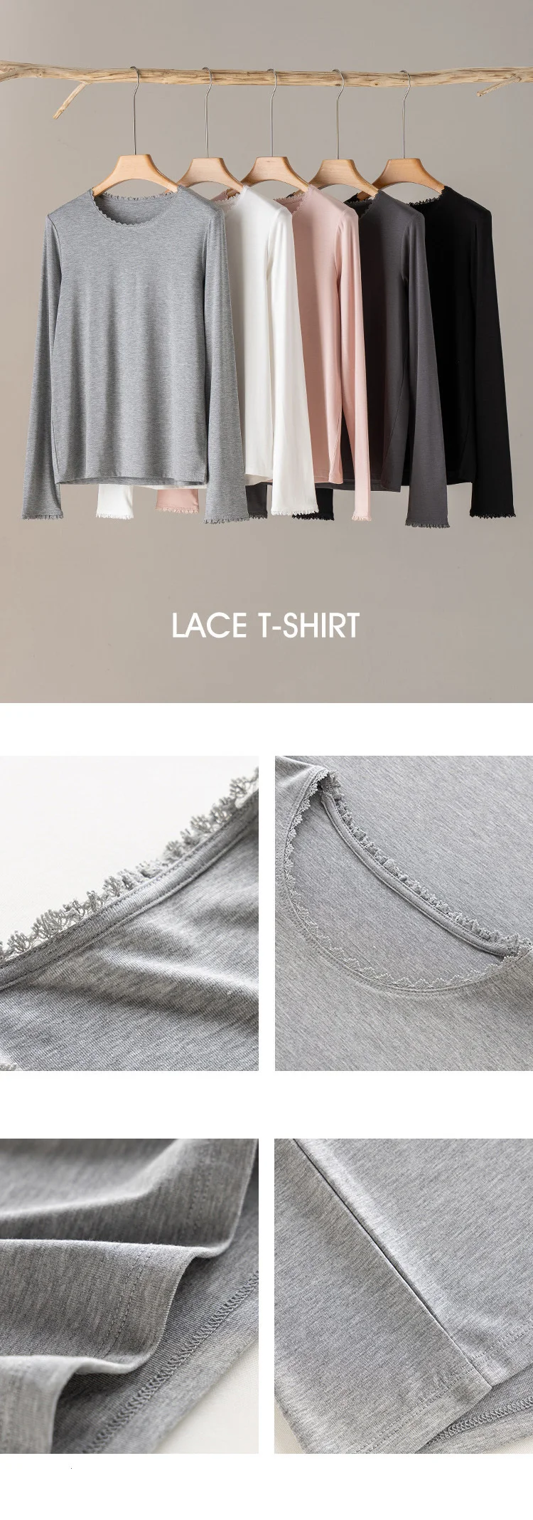 Autumn Women Lace T-Shirt,Round Neck 6% Silk Long Sleeve Soft Slim Fit Basic Bottoming Tops