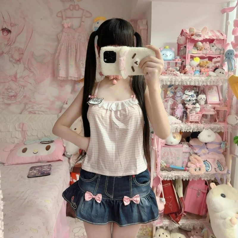 Japanese Sweet Crop Tops Grunge Y2k Cartoon Embroidery Pink Stripe Tank Top Kawaii Clothes Harajuku Aesthetic Patchwork Lace Tee