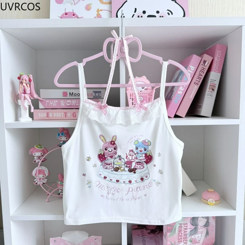 Japanese Sweet Crop Tops Grunge Y2k Cartoon Embroidery Pink Stripe Tank Top Kawaii Clothes Harajuku Aesthetic Patchwork Lace Tee