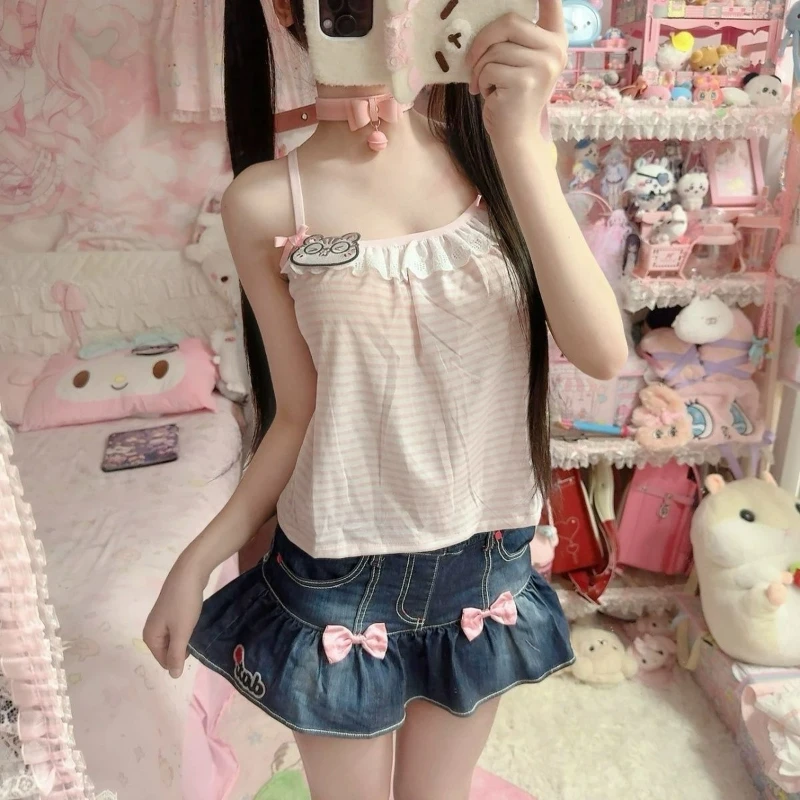 Japanese Sweet Crop Tops Grunge Y2k Cartoon Embroidery Pink Stripe Tank Top Kawaii Clothes Harajuku Aesthetic Patchwork Lace Tee