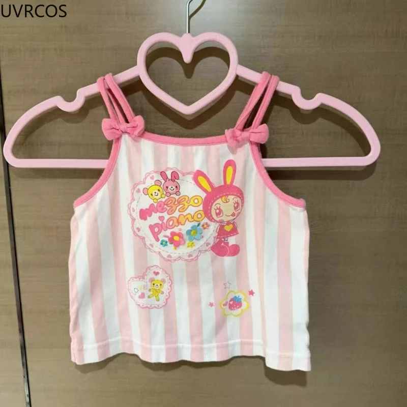 Japanese Sweet Crop Tops Grunge Y2k Cartoon Embroidery Pink Stripe Tank Top Kawaii Clothes Harajuku Aesthetic Patchwork Lace Tee