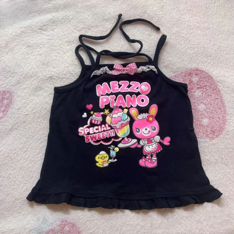 Japanese Sweet Crop Tops Grunge Y2k Cartoon Embroidery Pink Stripe Tank Top Kawaii Clothes Harajuku Aesthetic Patchwork Lace Tee