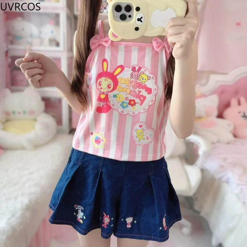 Japanese Sweet Crop Tops Grunge Y2k Cartoon Embroidery Pink Stripe Tank Top Kawaii Clothes Harajuku Aesthetic Patchwork Lace Tee