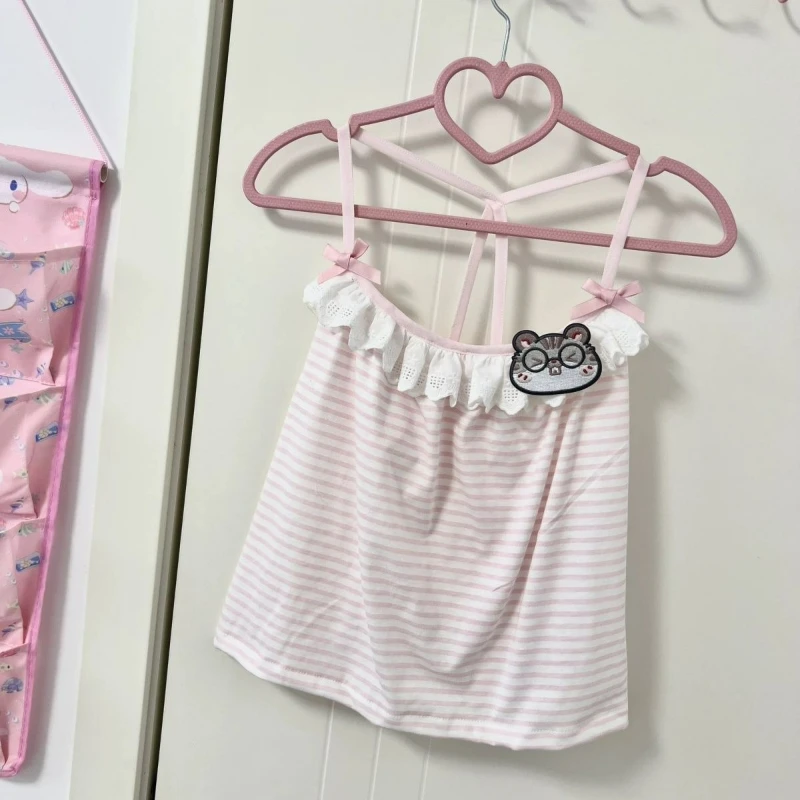 Japanese Sweet Crop Tops Grunge Y2k Cartoon Embroidery Pink Stripe Tank Top Kawaii Clothes Harajuku Aesthetic Patchwork Lace Tee