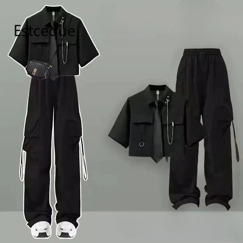 New 2025 Summer Pant Suit Woman Korean Loose Solid Two-piece Set Women's Shirt + Pants Womens Two Peice Sets
