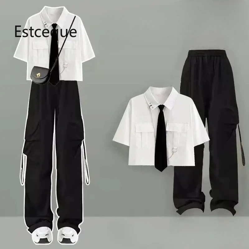 New 2025 Summer Pant Suit Woman Korean Loose Solid Two-piece Set Women's Shirt + Pants Womens Two Peice Sets