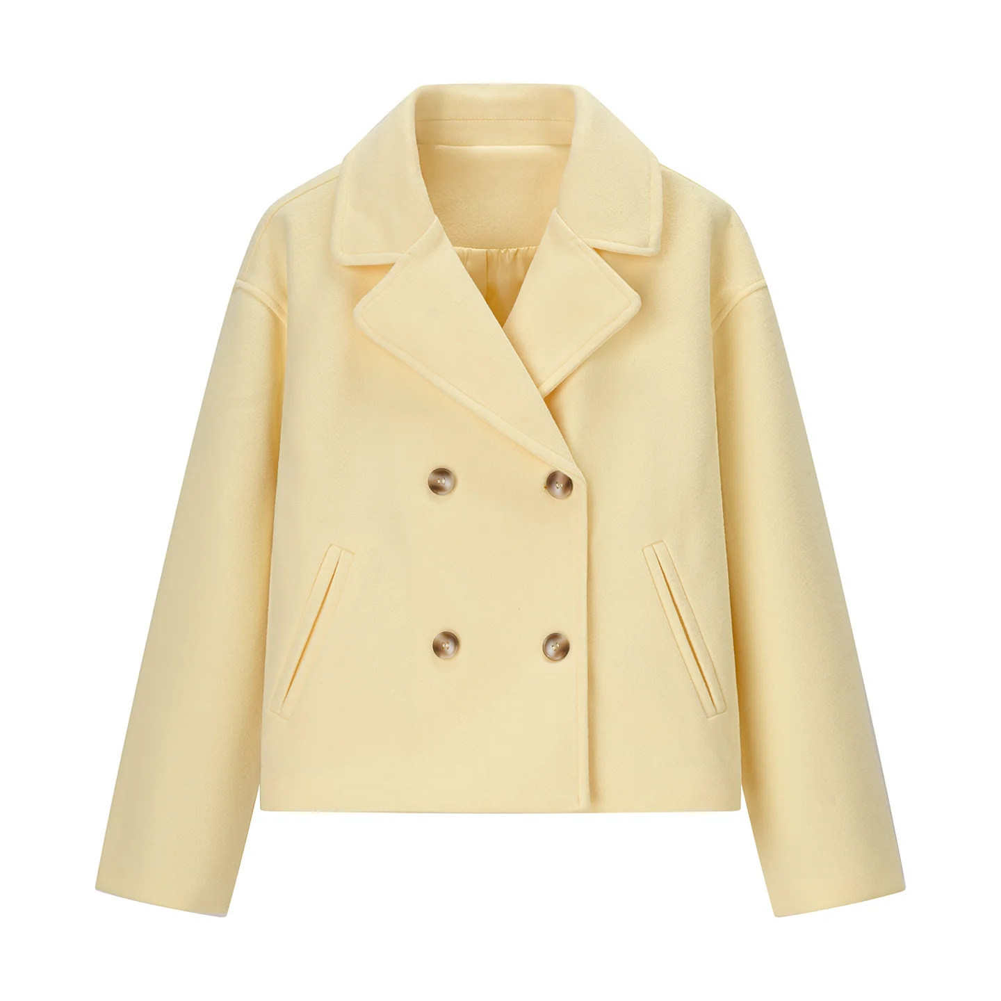 YENKYE New Women Yellow Double Breasted Short Woolen Coat Long Sleeve Lapel Collar Elegant Outerwear Chic Lady Autumn Outfits