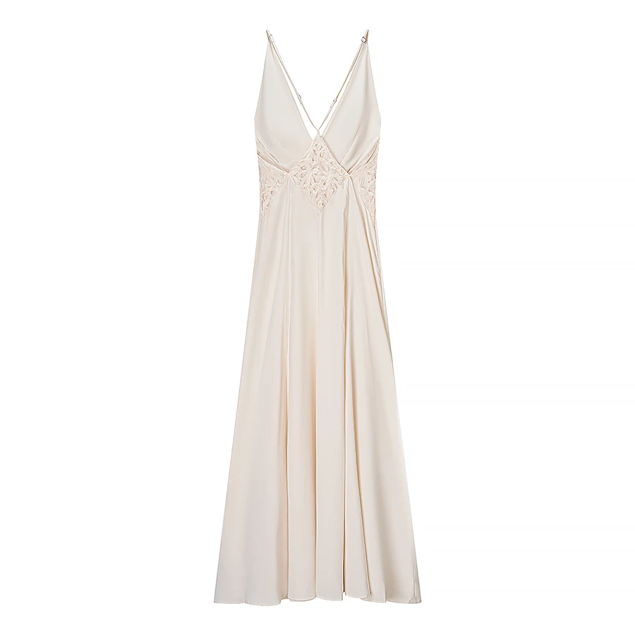 KEYANKETIAN 2025 Summer New Hollow out Patchwork Backless Spaghetti Strap Satin MIDI Dresses French Style Women's Long Dress