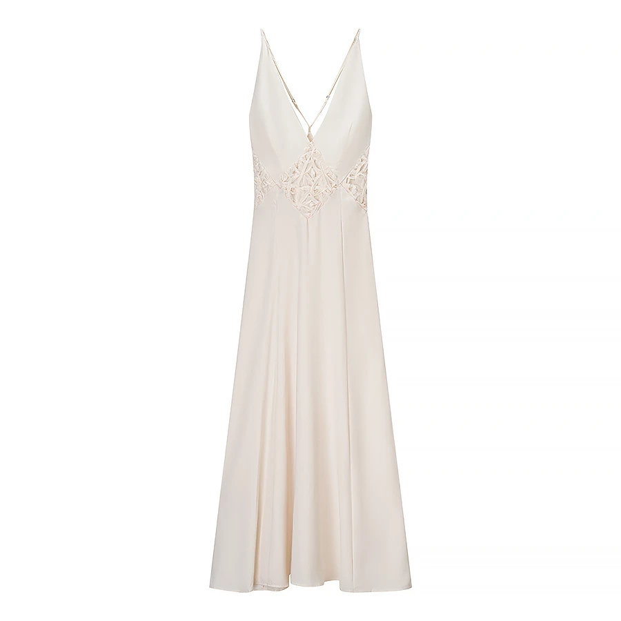KEYANKETIAN 2025 Summer New Hollow out Patchwork Backless Spaghetti Strap Satin MIDI Dresses French Style Women's Long Dress