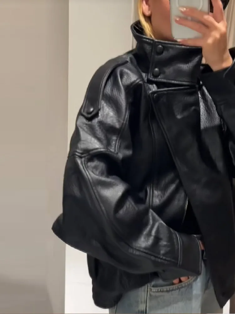 Women's Autumn Fashion Standing Collar Leather Jackets Windproof Loose Fold Coats Vintage Style High Street Outdoors Clothes