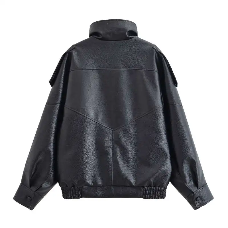 Women's Autumn Fashion Standing Collar Leather Jackets Windproof Loose Fold Coats Vintage Style High Street Outdoors Clothes