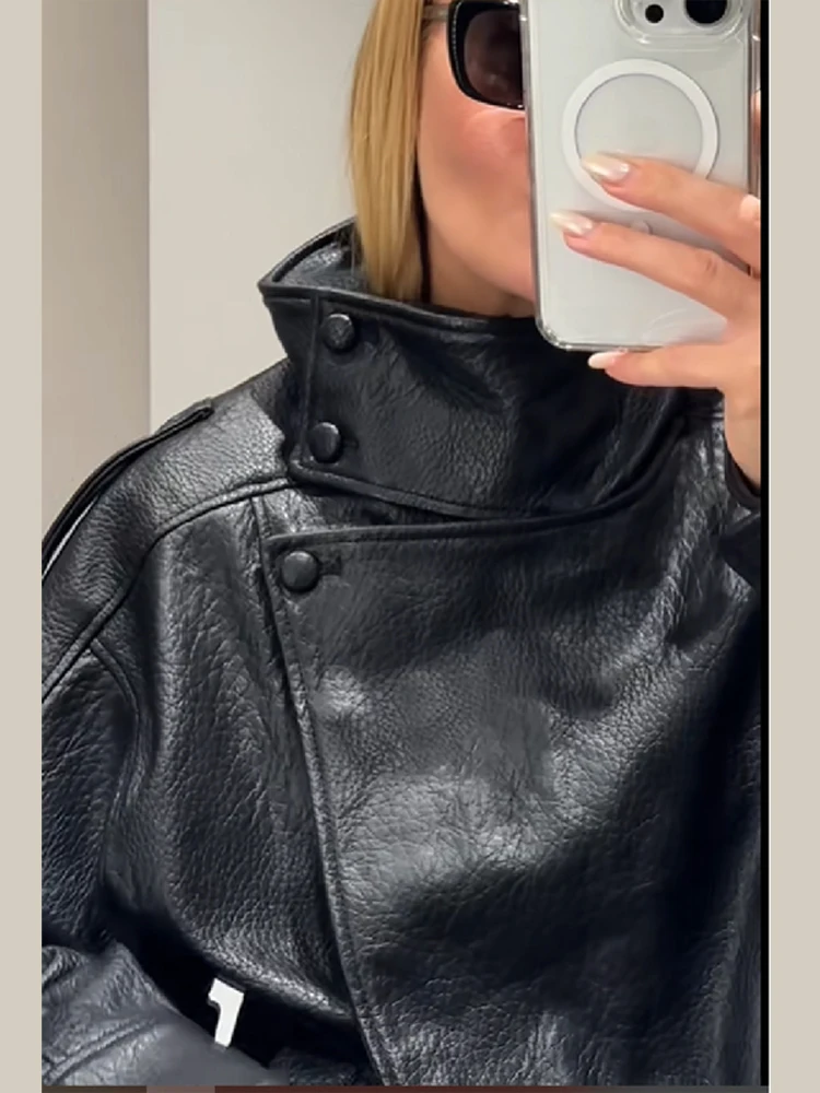 Women's Autumn Fashion Standing Collar Leather Jackets Windproof Loose Fold Coats Vintage Style High Street Outdoors Clothes
