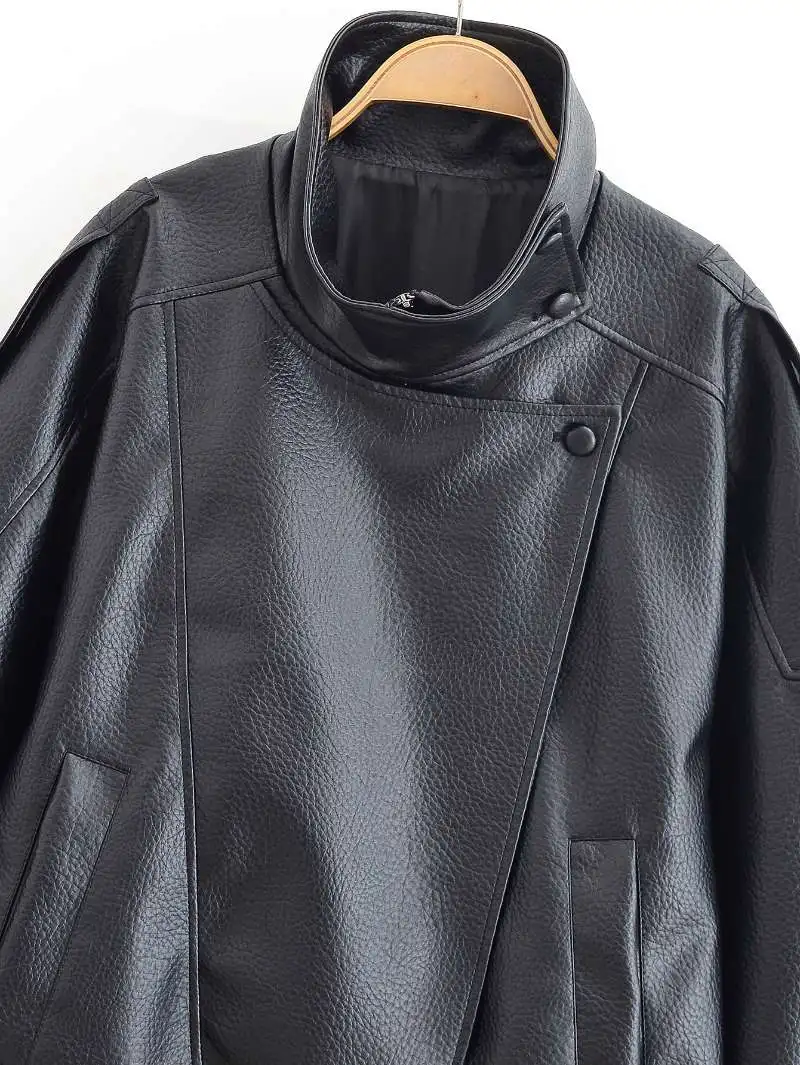 Women's Autumn Fashion Standing Collar Leather Jackets Windproof Loose Fold Coats Vintage Style High Street Outdoors Clothes
