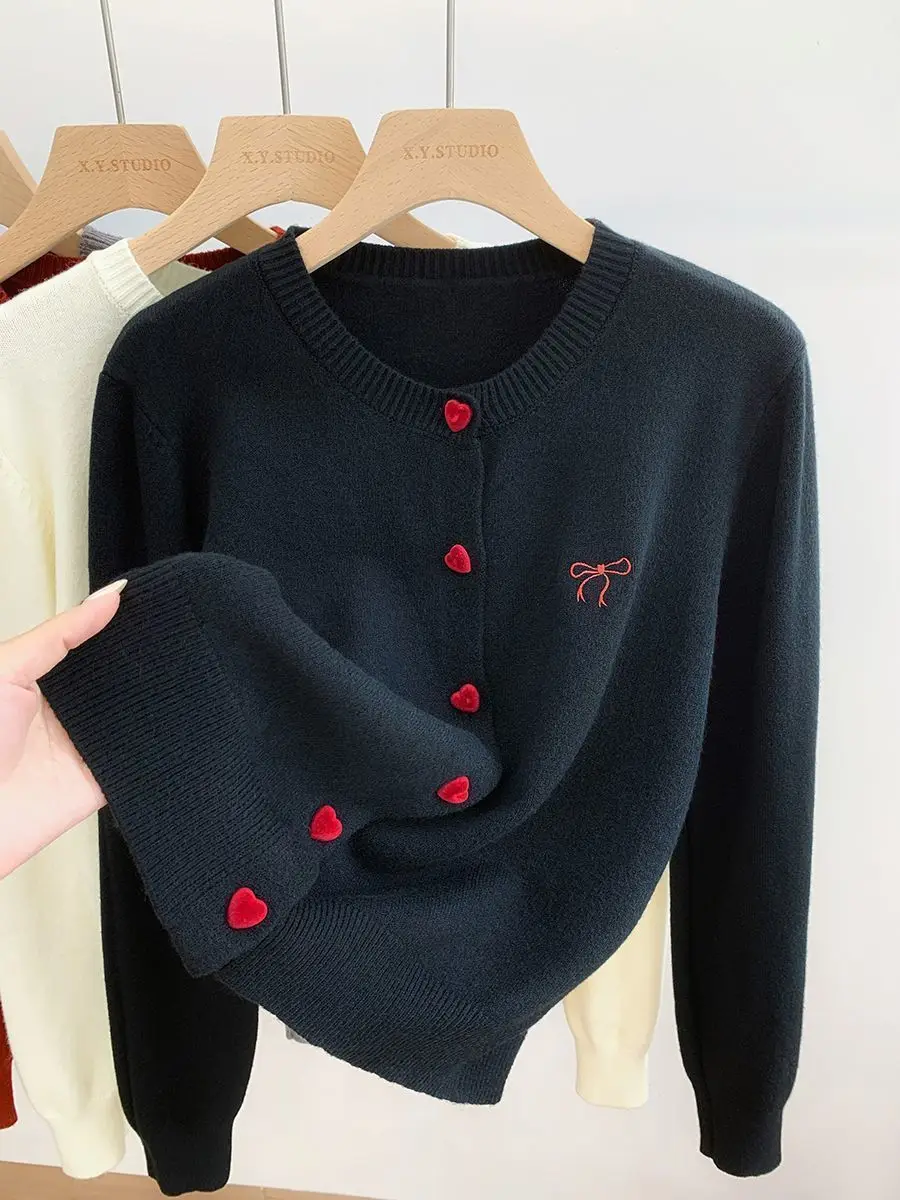 2025 Women's Autumn Embroidery Bow Knitwears Fashion Long Sleeve Heart Button Comfortable Cardigan Top Korean Ladies Sweaters