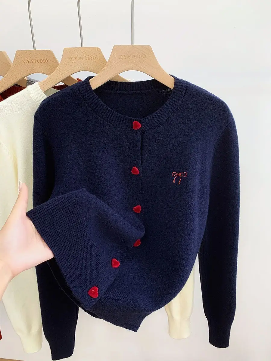 2025 Women's Autumn Embroidery Bow Knitwears Fashion Long Sleeve Heart Button Comfortable Cardigan Top Korean Ladies Sweaters
