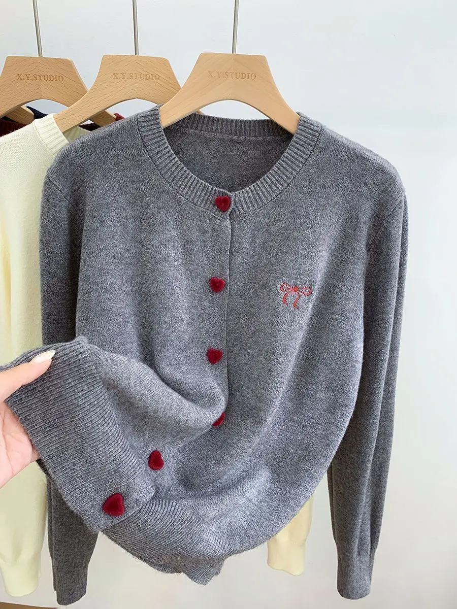2025 Women's Autumn Embroidery Bow Knitwears Fashion Long Sleeve Heart Button Comfortable Cardigan Top Korean Ladies Sweaters
