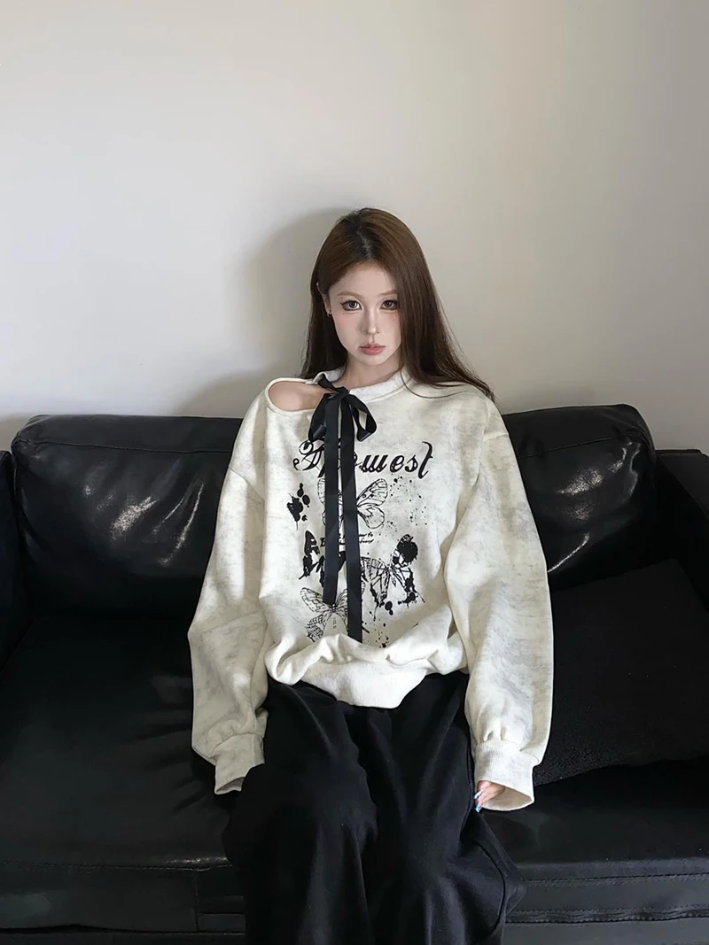Streetwear Vintage Women Sweatshirts Cut Out Off Shoulder Lace Up Bow Autumn Pullovers Butterfly Print American Loose New Tops