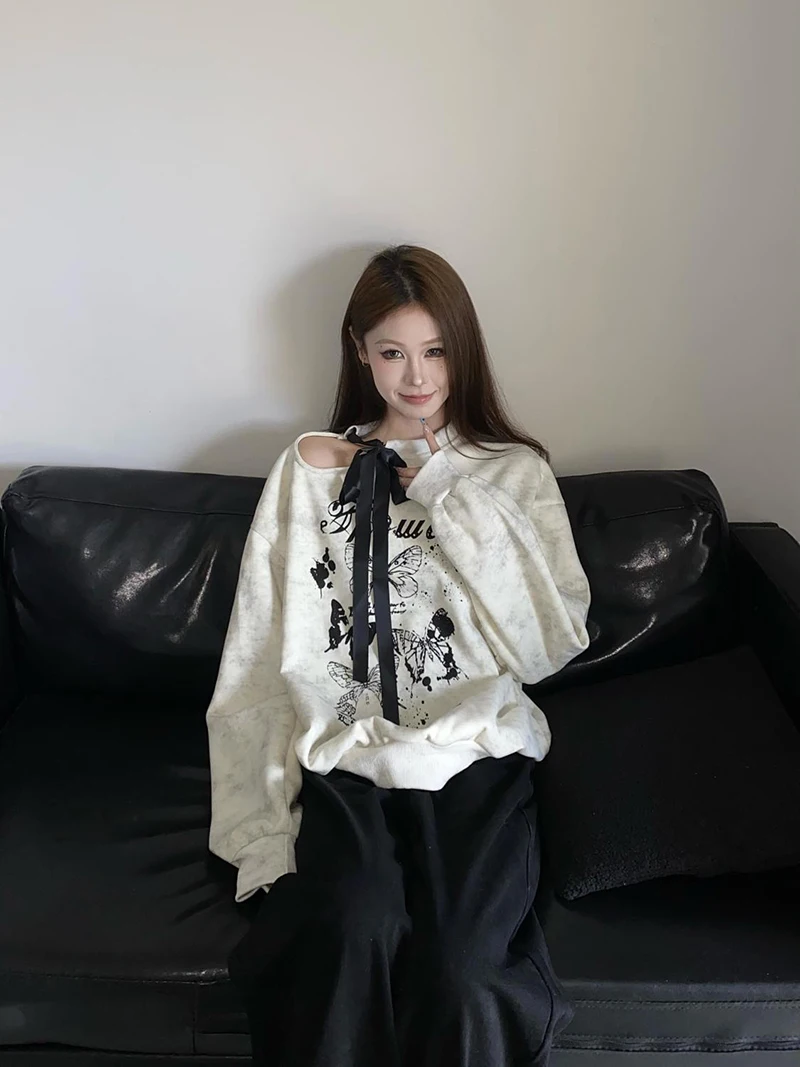 Streetwear Vintage Women Sweatshirts Cut Out Off Shoulder Lace Up Bow Autumn Pullovers Butterfly Print American Loose New Tops
